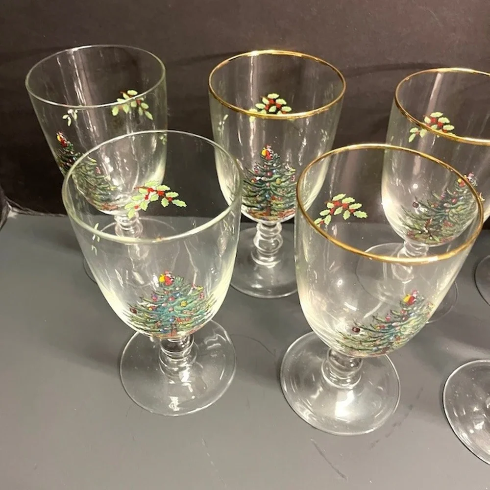 Vintage Spode Christmas Tree 16 oz Pedestal Goblets Mixed Lot Set of 7